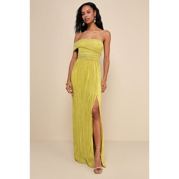 Lulus Dresses & Skirts - Lulus Poised Performance Chartreuse Plisse One-shoulder Maxi Dress Green